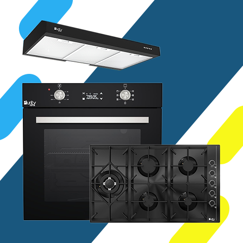 طقم بيورتي بوتاجاز مسطح 5 شعلة غاز HPT905G + فرن بلت إن غاز ديجتال OPT602GGD + شفاط PTSLIM 90 BL