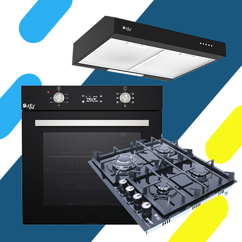 طقم بيورتي بلت إن ـ مسطح 60 كريستال أسود 4 عين غاز حوامل زهر HPT603G - فرن غاز ديجيتال بشواية غاز موديل OPT602GGD - شفاط أسود مسطح موديل PTSLIM 60 BL