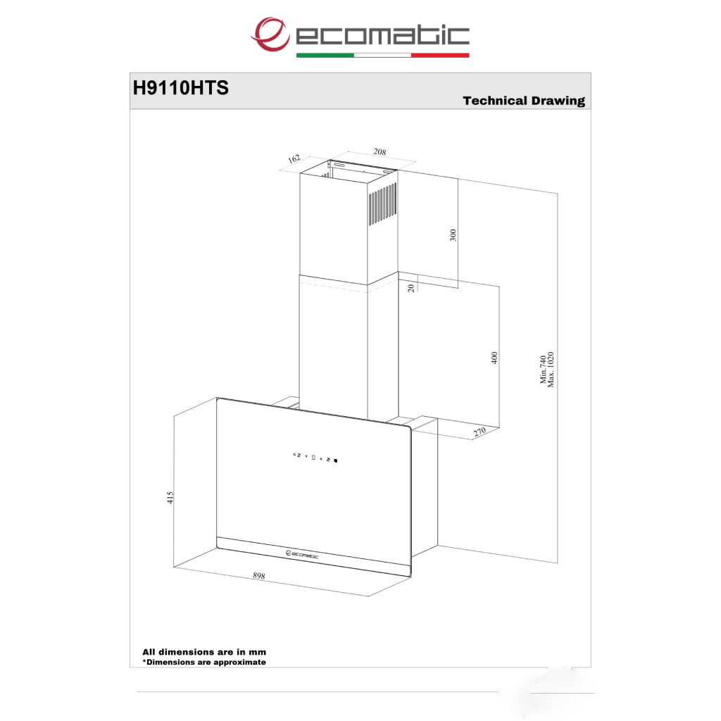 شفاط إيكوماتيك (Ecomatic) 90 سم ديكوري كريستال أسود – H9110HTS – وتحكم بإشارة اليد واللمس والريموت (Gesture Control) وموتور إيطالي