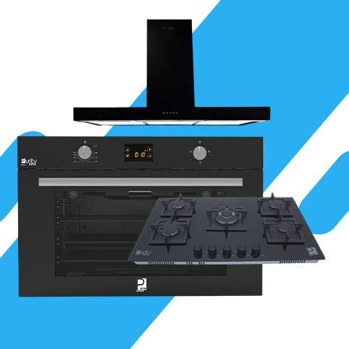 طقم بوتاجاز بلت إن بيورتي- فرن غاز 105 لتر بشواية (KPT917GG GBL) + مسطح غاز 90 سم 5 شعلات بشبكات متينة (HPT915G) + شفاط بقوة 850 م³/س – (FLATO PRO BL 90 )
