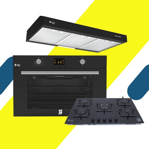 طقم بلت إن بيورتي - فرن غاز بلت إن ديجيتال بشواية – 105 لتر – موديل KPT917GG + مسطح بلت إن 6 عين 90 سم غاز موديل HPT915G + شفاط 90 سم موديل PTSLIM BL 90