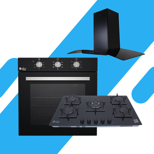 طقم بيورتي بلت إن - فرن غاز60 سم 67 لتر ديجيتال بشواية (OPT602GG) + مسطح غاز 90 سم 5 شعلات بشبكات متينة (HPT915G) + شفاط حرف T 90 سم (CAPPE BL)