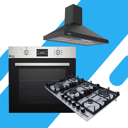 بيورتي بلت إن - فرن كهرباء 60 سم (OPT60EED) + مسطح 90 سم ستانليس 6 عين غاز (HPT904S ) + شفاط هرمي 90 سم، قوة شفط 850 م3/ساعة، ( PANSY PRO BL 90)