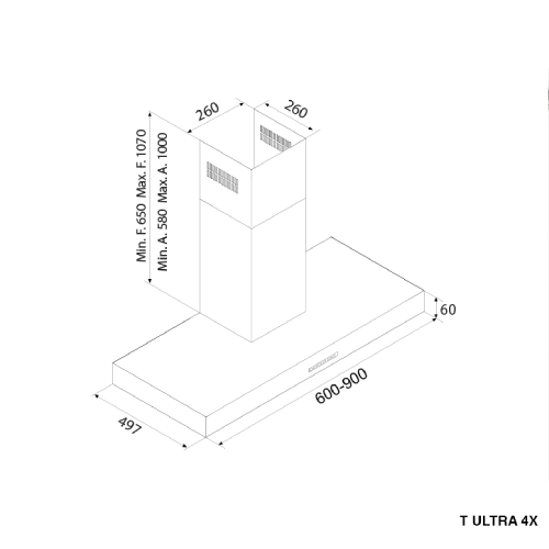 شفاط مطبخ بيست اير 90 سم موتور إيطالي قوة شفط 1200 م³/س – 4 سرعات – فلاتر معدنية وكربونية – موديل – T ULTRA 4X IX