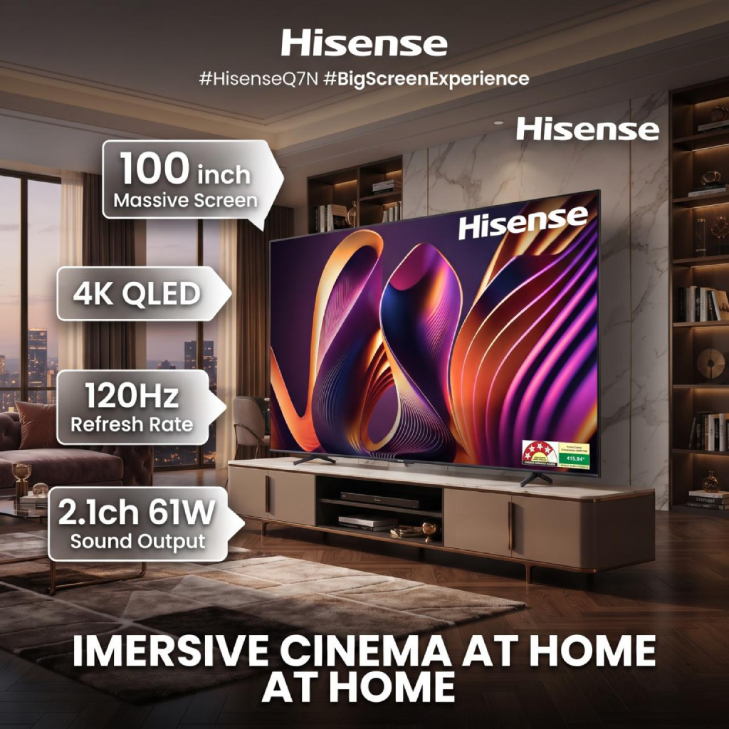 شاشة هايسنس (Hisense) 100 بوصة QLED 4K Smart TV مع تقنية Local Dimming، معدل تحديث 144Hz Game Mode PRO، دعم Dolby Vision IQ وDolby Atmos، ونظام VIDAA U7.6 – موديل 100Q7N