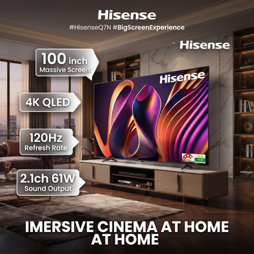 شاشة هايسنس (Hisense) 100 بوصة QLED 4K Smart TV مع تقنية Local Dimming، معدل تحديث 144Hz Game Mode PRO، دعم Dolby Vision IQ وDolby Atmos، ونظام VIDAA U7.6 – موديل 100Q7N