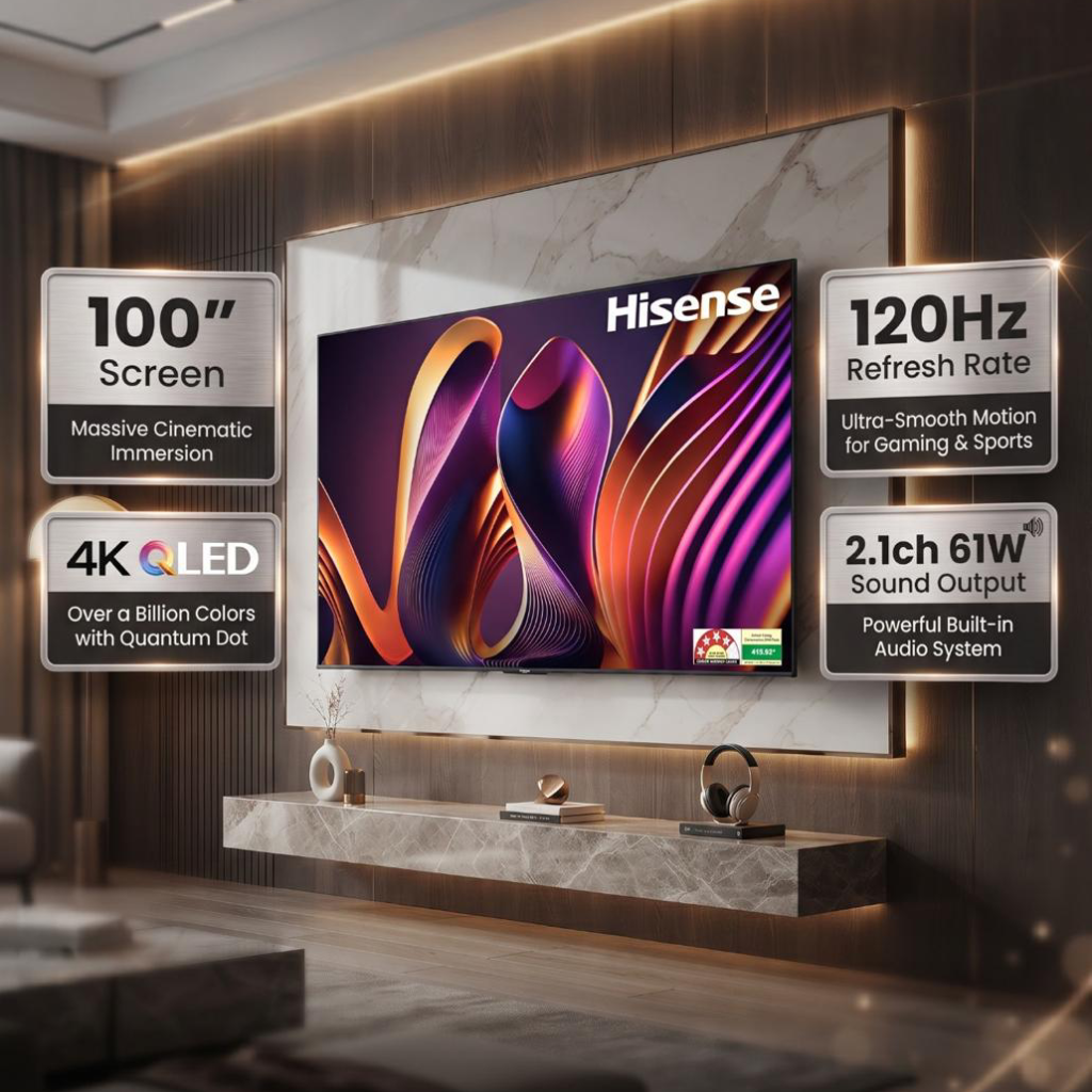 شاشة هايسنس (Hisense) 100 بوصة QLED 4K Smart TV مع تقنية Local Dimming، معدل تحديث 144Hz Game Mode PRO، دعم Dolby Vision IQ وDolby Atmos، ونظام VIDAA U7.6 – موديل 100Q7N