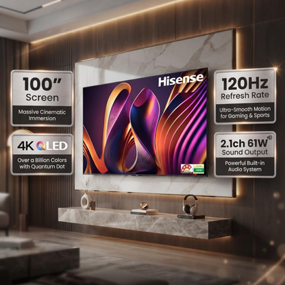 شاشة هايسنس (Hisense) 100 بوصة QLED 4K Smart TV مع تقنية Local Dimming، معدل تحديث 144Hz Game Mode PRO، دعم Dolby Vision IQ وDolby Atmos، ونظام VIDAA U7.6 – موديل 100Q7N