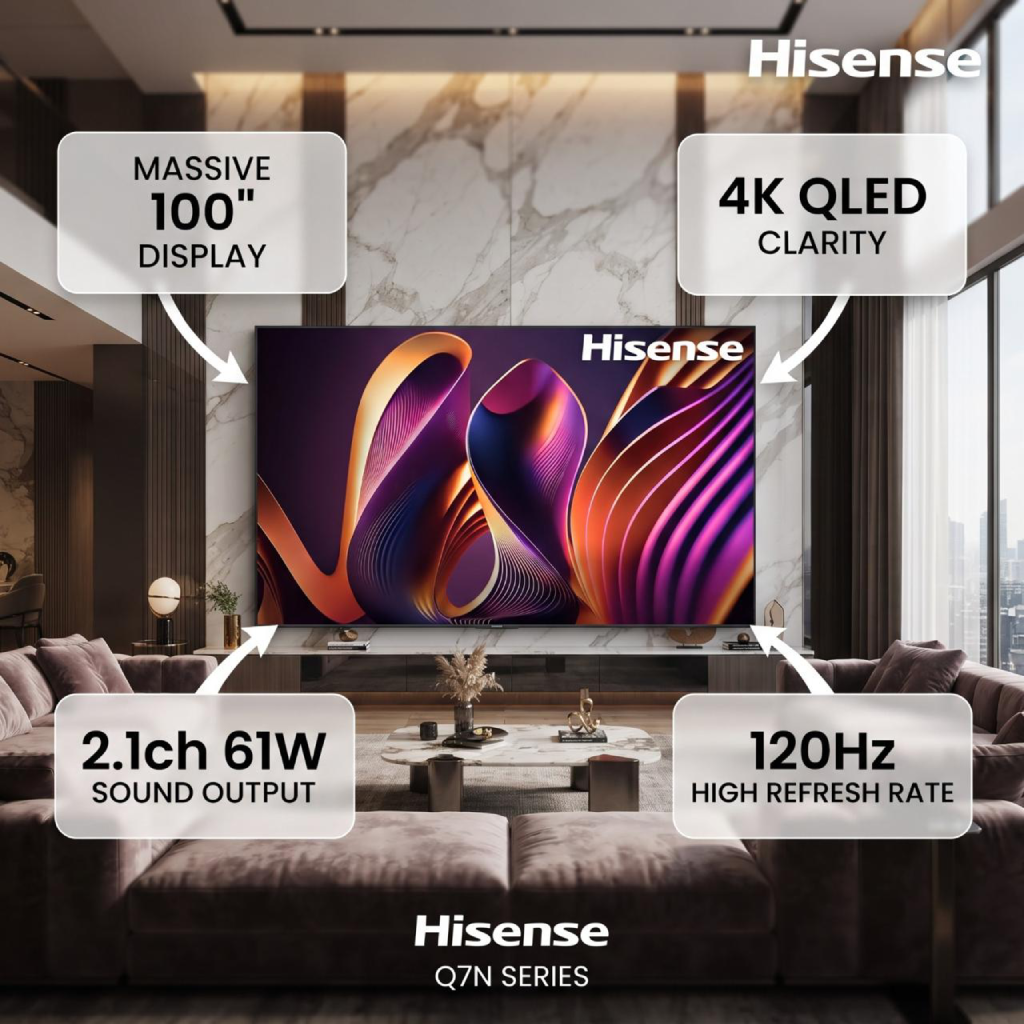 شاشة هايسنس (Hisense) 100 بوصة QLED 4K Smart TV مع تقنية Local Dimming، معدل تحديث 144Hz Game Mode PRO، دعم Dolby Vision IQ وDolby Atmos، ونظام VIDAA U7.6 – موديل 100Q7N