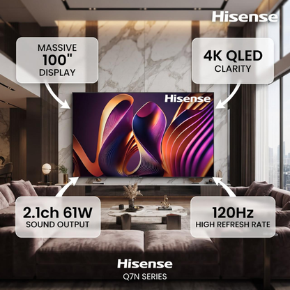 شاشة هايسنس (Hisense) 100 بوصة QLED 4K Smart TV مع تقنية Local Dimming، معدل تحديث 144Hz Game Mode PRO، دعم Dolby Vision IQ وDolby Atmos، ونظام VIDAA U7.6 – موديل 100Q7N