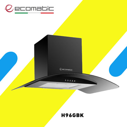 شفاط إيكوماتيك ديجيتال ديكوري 90 سم كريستال أسود × ستانلس قوة شفط 650 م³/ساعة – موديل H96GBK