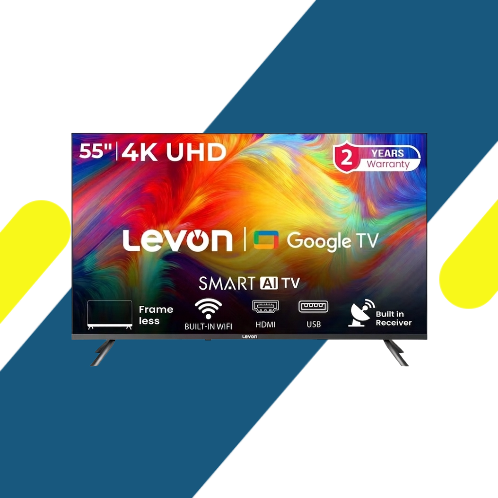 شاشة ليفون (Levon) 55 بوصة سمارت بدون إطار بدقة 4K UHD فائقة الوضوح مع نظام Google OS ورسيفر داخلي ومعدل تحديث 60Hz – موديل 3020807