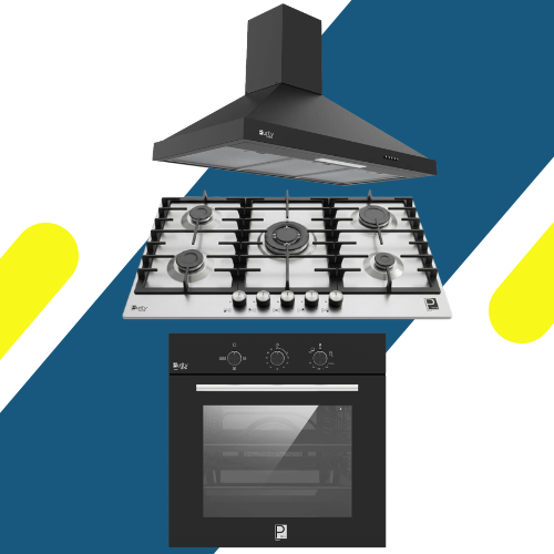 طقم مطبخ بيورتي بلت إن - بوتجاز بيورتي بلت إن غاز من 5 شعلات حوامل زهر ثقيلة موديل HPT906S + فرن أسود مع شواية OPT602GG + شفاط أسود هرمي PANSY PRO 90 BL