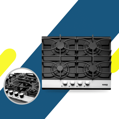 بوتاجاز بلت إن غاز هانز 60 سم زجاج أسود بفريم ستانلس ستيل – 4 شعلات ساباف إيطالية – موديل - HANS 6220-19