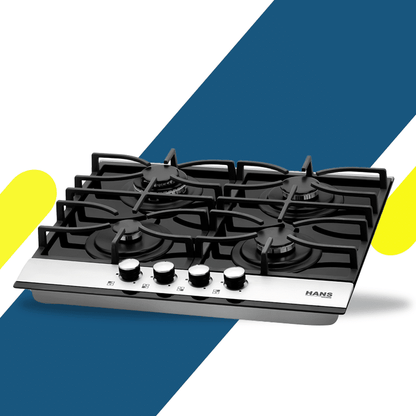 بوتاجاز بلت إن غاز هانز 60 سم زجاج أسود بفريم ستانلس ستيل – 4 شعلات ساباف إيطالية – موديل - HANS 6220-19