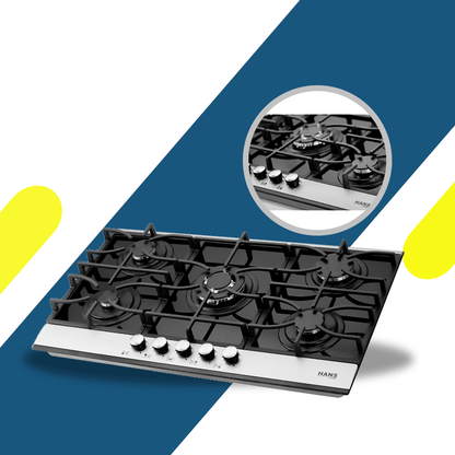 بوتاجاز بلت إن غاز هانز 90 سم زجاج أسود بفريم ستانلس ستيل – 5 شعلات ساباف إيطالي – موديل - HANS 9210-19