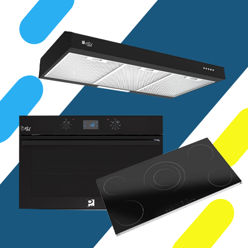 طقم بلت إن بيورتي – بوتاجاز كهرباء سيراميك 5 شعلات موديل HPREE V9050 – فرن كهرباء ديجيتال 90 سم موديل OPT902EED – شفاط مطبخ موديل PTSLIM 90 BL