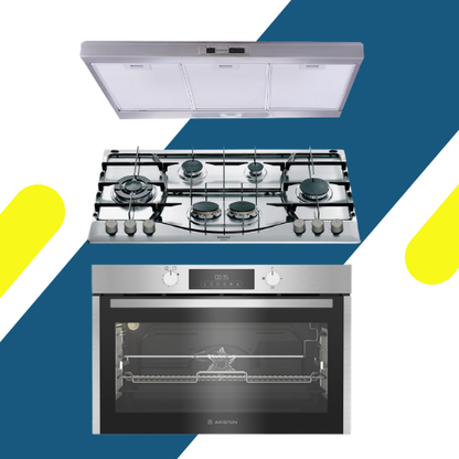 طقم بلت إن اريستون (Ariston) - شفاط مطبخ 90 سم بقوة شفط 336 م³/ساعة - موديل - SL191LPIX + مسطح بلت إن غاز اريستون 90 سم – 6 شعلة - موديل - PHN 962 TS/IX/A + فرن غاز بلت إن اريستون ديجيتال 90 سم – 96 لتر - موديل – AROG 9R2F3NG XNA