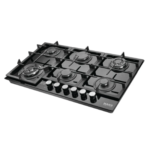 مسطح غاز هانز 90 سم زجاج أسود بـ6 شعلات SABAF وشعلتي ووك – HANS BROGHO L BLACK