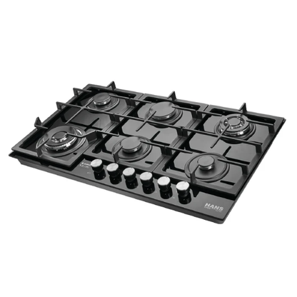 مسطح غاز هانز 90 سم زجاج أسود بـ6 شعلات SABAF وشعلتي ووك – HANS BROGHO L BLACK