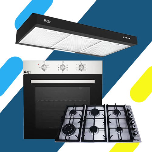 طقم بلت إن بيورتي: فرن غاز 60 سم OPT601GG، مسطح 90 سم HPT903S، وشفاط 90 سم PTSLIM BL