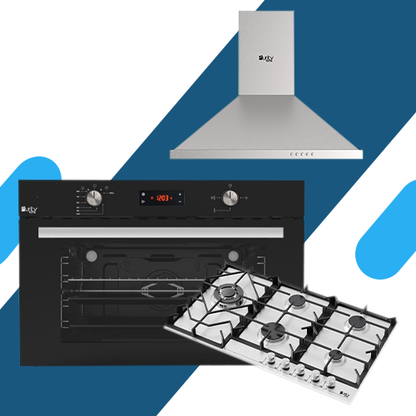 طقم بلت إن بيورتي - فرن غاز بلت إن ديجيتال بشواية  – 98 لتر – موديل KPD918GG +  بوتجاز بلت إن 90 سم غاز  5 شعلات حوامل زهر ثقيلة موديل HPT908S + شفاط هرمي 90 سم فضي من بيورتي، قوة شفط 850 م3/ساعة، موديل PANSY PRO X