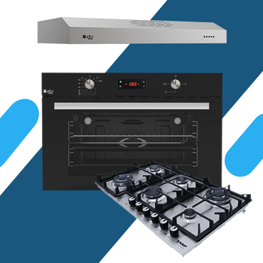 طقم بوتاجاز بلت إن بيورتي – فرن غاز 98 لتر ديجيتال بشواية (KPD918GG) + مسطح غاز 6 شعلات 90 سم (HPT904S) + شفاط 90 سم بقوة 450 م³/ساعة (PTSLIM 90X)