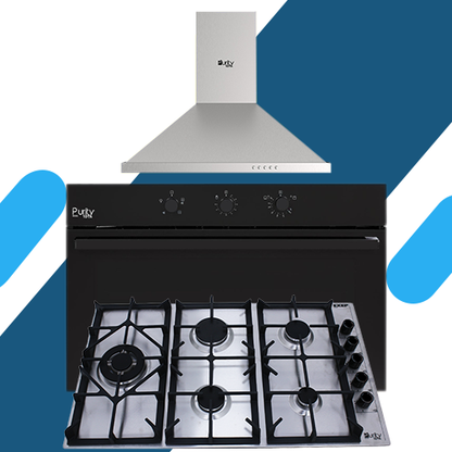طقم بلت إن بيورتي- مسطح غاز 5 عيون HPT905S - شفاط هرمي 90 PANSY PRO X - فرن غاز 90 سم OPT903GG