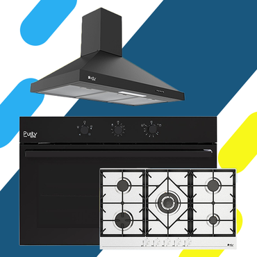 طقم بيورتي بلت إن - بوتجاز 5 شعلات حوامل زهر ثقيلة موديل HPT906S + شفاط أسود هرمي PANSY 90 BL + فرن غاز بشواية غاز OPT903GG