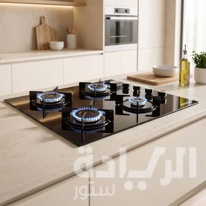مسطح بلت إن غاز كومتيل (Kumtel) 60 سم – زجاج أسود مع أمان كامل وقواعد عاكسة للحرارة – موديل C6-40BF-BL-Glass