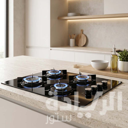 مسطح غاز كومتيل بلت إن (Kumtel) 60 سم زجاج أسود – 4 شعلات – إشعال ذاتي وأمان غاز – موديل – C6-40BF