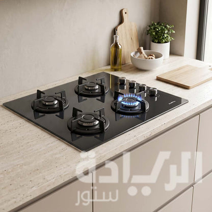 مسطح بلت إن غاز كومتيل (Kumtel) 60 سم – زجاج أسود أنثراسيت 4 شعلات مع أمان كامل – موديل C6-40BTF-Anthracite Glass