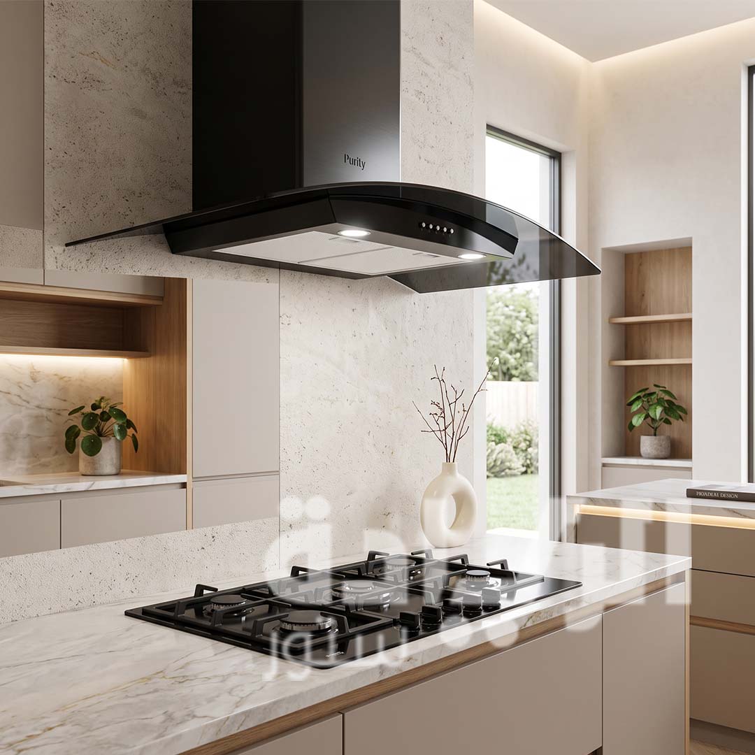 90 cm Black Glass Kitchen Hood with 1000 m³/h Suction Power from Purity – Stainless Steel + Crystal – Model – CAPPE BL