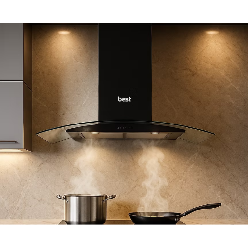 بيست اير شفاط مطبخ زجاجي أسود - 90 سم - قوة شفط 1000 م³/الساعة - 1 موتور FIME ايطالي - موديل DELTA 90CM BK