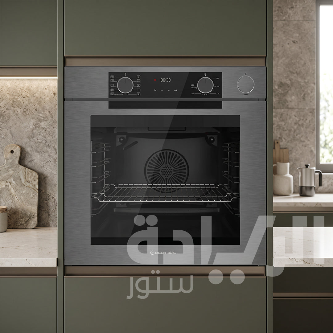 فرن بلت إن كهرباء إيكوماتيك (Ecomatic) 60 سم كريستال رمادي 83 لتر 10 وظائف أيرفراي وبخار وميكروويف وشاشة لمس – موديل E6610PROGR