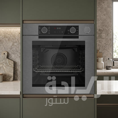 فرن بلت إن كهرباء إيكوماتيك (Ecomatic) 60 سم كريستال رمادي 83 لتر 10 وظائف أيرفراي وبخار وميكروويف وشاشة لمس – موديل E6610PROGR