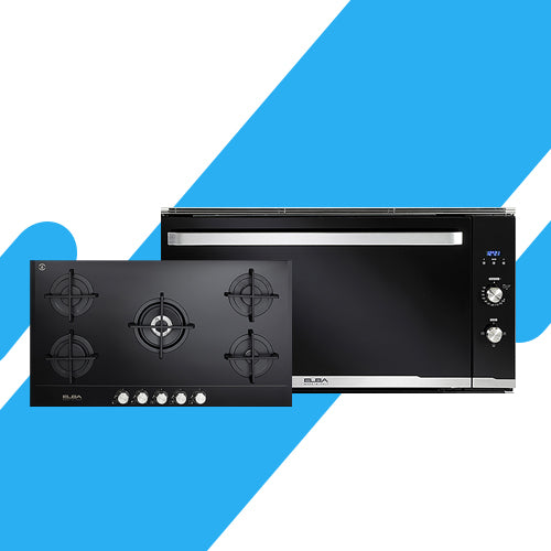 طقم بلت إن إلبا - مسطح غاز البا، 5 شعلة، سيراميك، 90 سم- موديل ELIO95-545CG + فرن غاز بلت إن 90 سم من ماركة إلبا الإيطالية - موديل ELIO910G