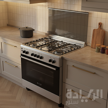 بوتاجاز إيكوماتيك غاز فري ستاند 90 سم – 5 شعلات – ستانلس ستيل – فرن وشواية غاز – سعة 120 لتر – أمان كامل – موديل – FS9104M