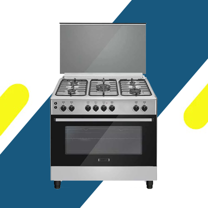 بوتاجاز إيكوماتيك غاز فري ستاند 90 سم – 5 شعلات – ستانلس ستيل – فرن وشواية غاز – سعة 120 لتر – أمان كامل – موديل – FS9104M