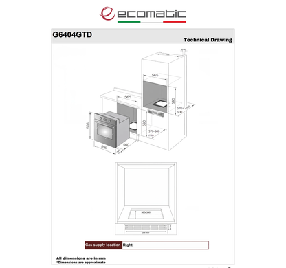 Ecomatic Built-in Gas Oven with Gas Grill, 60 cm, Black Crystal Digital - Model - G6404GTD