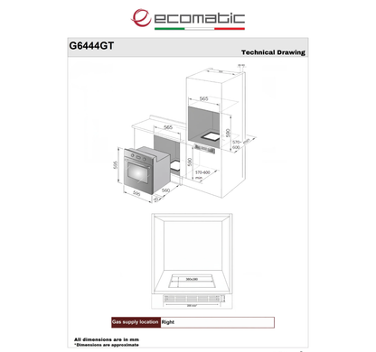 Ekomatic Built-in Gas Oven with Grill, 67 Liter – 60 cm – Black - Model – G6444GT
