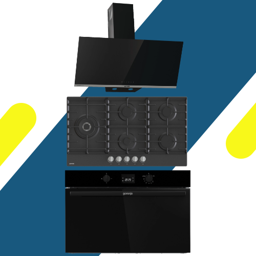 طقم بلت إن جورينيا (Gorenje) - شفاط مطبخ 90 سم بقوة شفط 635 م³/ساعة - موديل - WHI944EB + مسطح بلت إن غاز جورينيا 90 سم – 5 شعلة - موديل - GW951MB + فرن غاز بلت إن جورينيا 90 سم – 88 لتر - موديل – BOG9321DBG