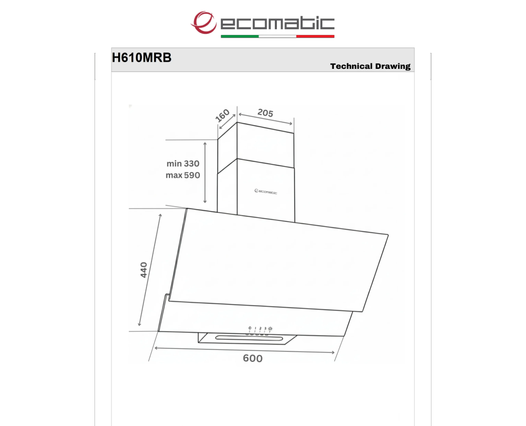 شفاط مطبخ إيكوماتيك (Ecomatic) ديكوري مائل 60 سم زجاج كريستال أسود قوة 1000 م³/ساعة – موديل H610MRB