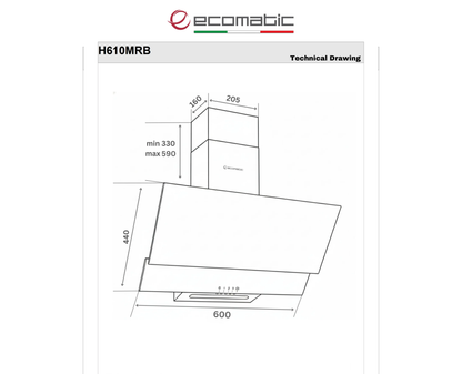 شفاط مطبخ إيكوماتيك (Ecomatic) ديكوري مائل 60 سم زجاج كريستال أسود قوة 1000 م³/ساعة – موديل H610MRB