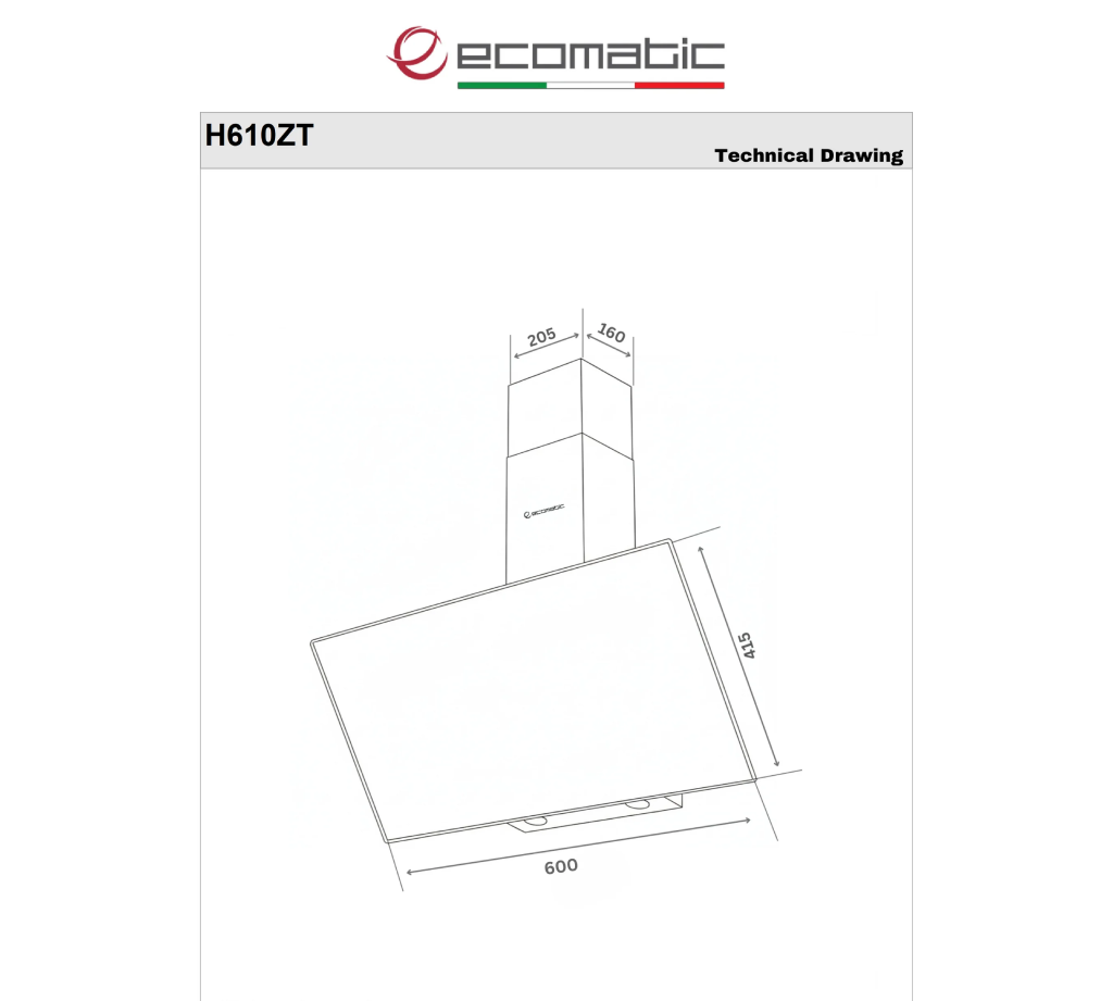 شفاط مطبخ إيكوماتيك (Ecomatic) ديكوري مائل 60 سم زجاج كريستال أسود قوة 1000 م³/ساعة بتتحكم تاتش وريموت كنترول – موديل H610ZT