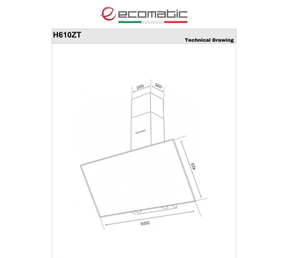 شفاط مطبخ إيكوماتيك (Ecomatic) ديكوري مائل 60 سم زجاج كريستال أسود قوة 1000 م³/ساعة بتتحكم تاتش وريموت كنترول – موديل H610ZT