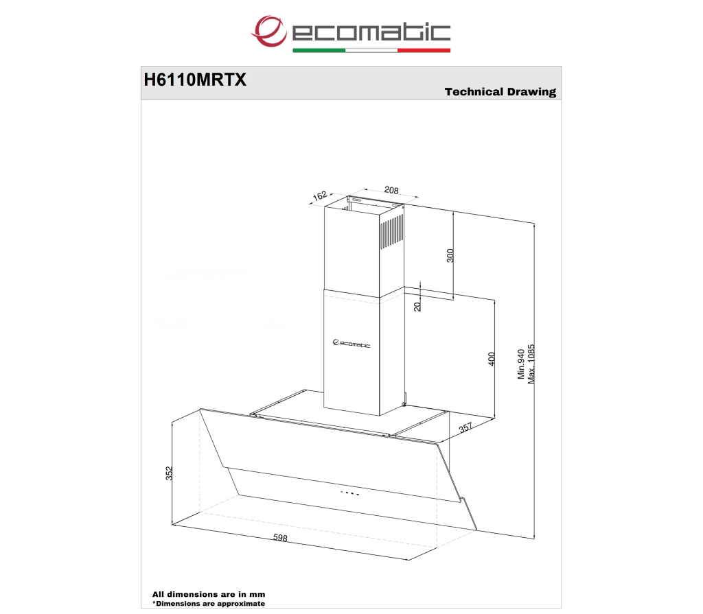 شفاط مطبخ إيكوماتيك 60 سم بزاوية مائلة – كريستال أسود – قوة شفط 1000 م³/ساعة – H6110MRTX