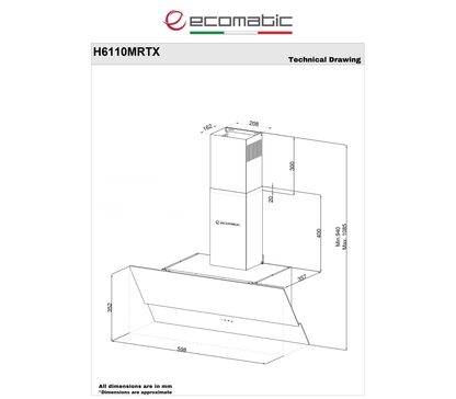 شفاط مطبخ إيكوماتيك 60 سم بزاوية مائلة – كريستال أسود – قوة شفط 1000 م³/ساعة – H6110MRTX