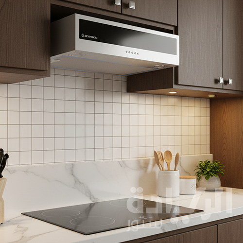 شفاط مسطح بلت إن إيكوماتيك 60 سم ستانلس ستيل بشريطة زجاجية سوداء قوة شفط 500 م³/ساعة – H6205OSB