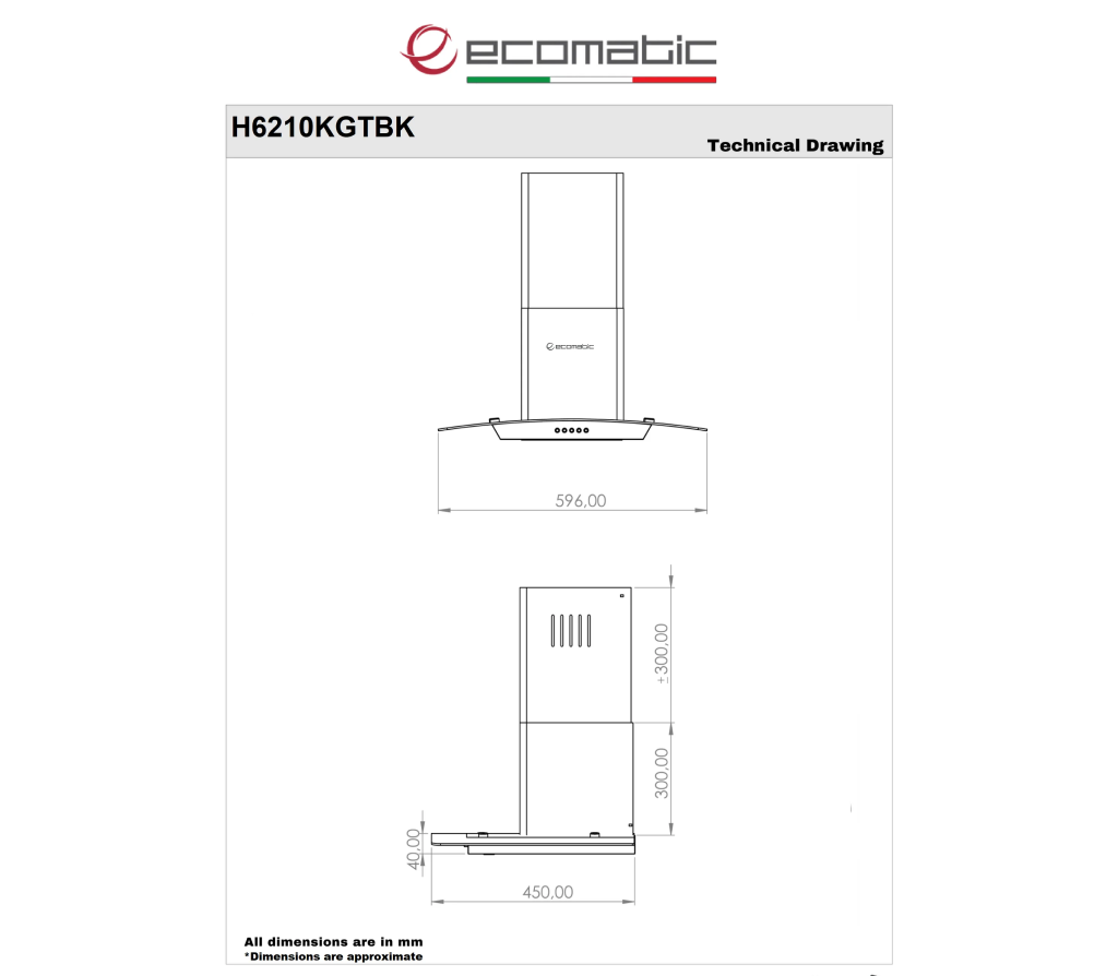 شفاط مطبخ إيكوماتيك مدمج 60 سم بتصميم منحني أسود كريستالي بقوة شفط 1000 م³/الساعة - H6210KGTBK